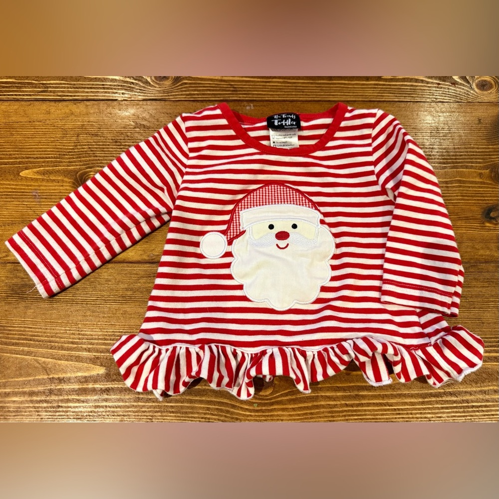 Red and White Striped Santa embroidered and ruffled baby girl top size 9m